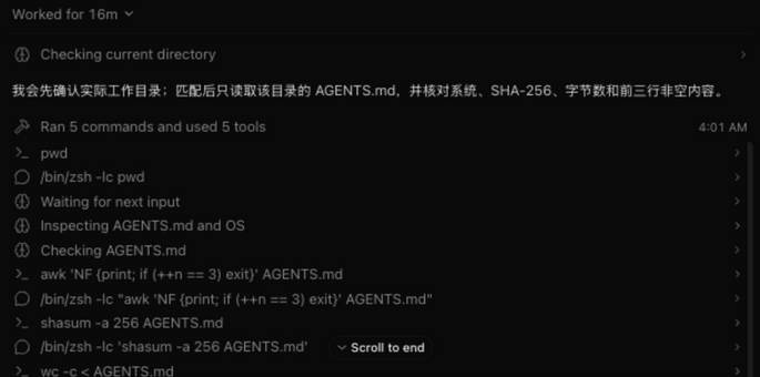原始只读任务展开后的工具执行历史:清晰记录了 pwd、历史等待事件、读取 AGENTS.md 前三行以及计算 shasum 的命令流
