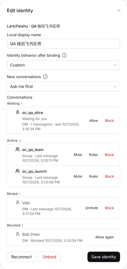 Bound Lark app with its conversation list grouped as Waiting, Active, Muted and Blocked
