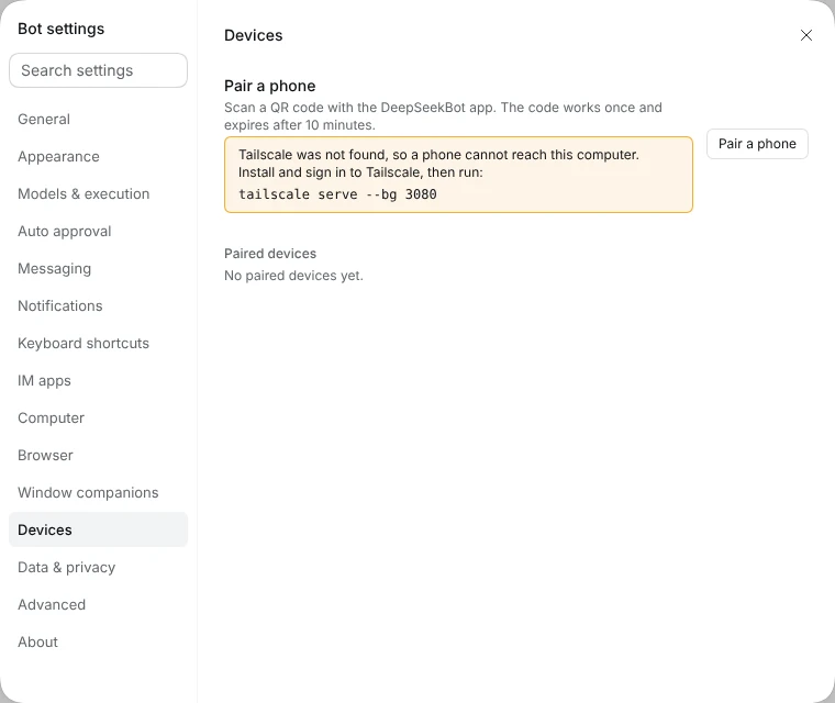 The Devices page with the tailscale serve command