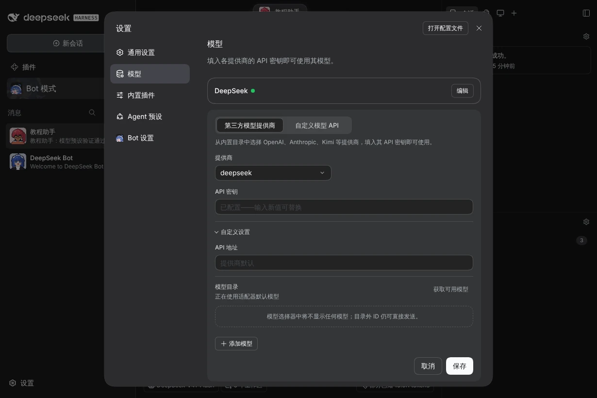 DSH 模型设置中的提供商目录与自定义设置,密钥未显示
