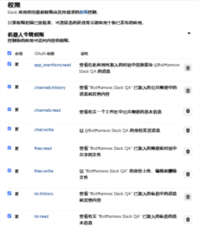 重新安装后真实 QA App 的 Bot 权限，包含 chat:write、im:history 和 im:read